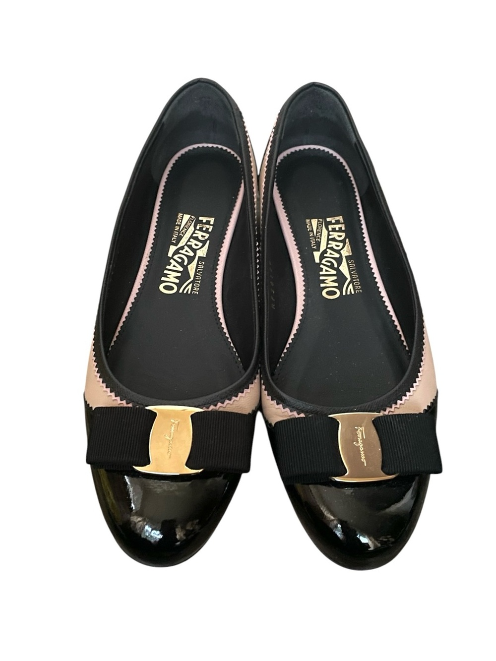 Salvatore Ferragamo Varina Black Patent Blush Bow Flats 7